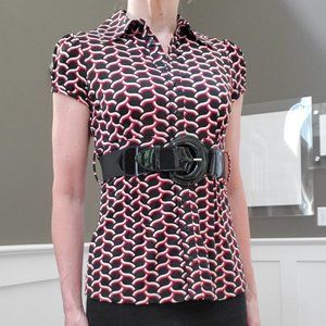 INC Black/Red/White Belted Short Sleeve Blouse Size P (XS)